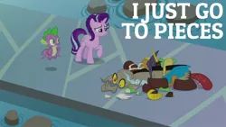 Size: 1920x1080 | Tagged: safe, derpibooru import, edit, edited screencap, editor:quoterific, screencap, discord, spike, starlight glimmer, draconequus, dragon, pony, a matter of principals, female, flying, image, jpeg, male, school of friendship, teeth, trio, winged spike