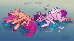 Size: 4096x2293 | Tagged: safe, artist:alumx, derpibooru import, pipp petals, sunny starscout, earth pony, pegasus, pony, g5, descriptive noise, duo, eyes closed, feather, female, gradient background, high res, horse noises, horses doing horse things, image, implied drug use, jpeg, mare, open mouth, rolling, rolling around, signature, stars, unshorn fetlocks