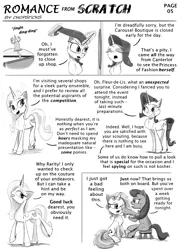 Size: 2200x3072 | Tagged: safe, artist:chopsticks, derpibooru import, fleur-de-lis, octavia melody, rarity, vinyl scratch, earth pony, pony, unicorn, comic:romance from scratch, bell, brush, cheek fluff, chest fluff, comic, crossed legs, dialogue, ear fluff, female, hairbrush, image, love triangle, magic, mirror, monochrome, png, sitting, stool, telekinesis, text, unshorn fetlocks