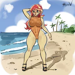 Size: 4000x4000 | Tagged: suggestive, alternate version, artist:alexeyvart, derpibooru import, sunset shimmer, equestria girls, absurd resolution, bare shoulders, beach, blushing, breasts, busty sunset shimmer, cameltoe, clothes, curvy, digital art, erect nipples, female, high heels, image, jpeg, leotard, nipple outline, palm tree, pose, shoes, solo, solo female, tree, wide hips