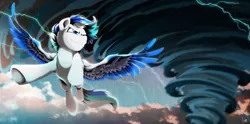 Size: 5000x2480 | Tagged: safe, artist:dormin-kanna, derpibooru import, oc, oc:hawker hurricane, unofficial characters only, pegasus, pony, cloud, colored wings, commission, flying, high res, image, lightning, male, multicolored wings, png, rain, sky, smiling, solo, stallion, storm, tornado, wings