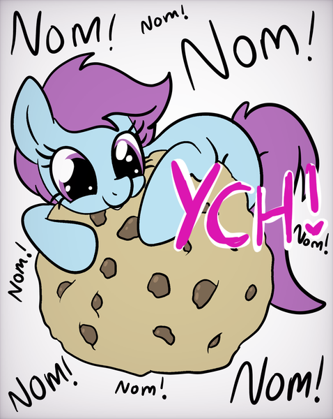 Size: 1536x1928 | Tagged: safe, artist:lannielona, derpibooru import, pony, advertisement, big eyes, commission, cookie, female, food, giant food, image, mare, nom, png, silly, simple background, solo, white background, your character here