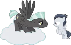 Size: 9177x5847 | Tagged: safe, artist:cloudyglow, artist:dashiesparkle edit, artist:gurugrendo, derpibooru import, edit, editor:slayerbvc, vector edit, rumble, thunderlane, pegasus, pony, brothers, cloud, colt, eye contact, floating, flying, grin, image, looking at each other, male, png, siblings, simple background, smiling, socks (coat marking), stallion, transparent background, vector
