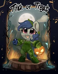 Size: 2233x2828 | Tagged: safe, artist:colorfulcolor233, derpibooru import, part of a set, oc, oc:raylanda, unnamed oc, unofficial characters only, earth pony, pony, blue rose, clothes, commission, costume, cute, female, flower, halloween, halloween costume, happy, holiday, image, jpeg, ocbetes, poison ivy, pumpkin bucket, rose, smiling, solo, trick or treat, ych result