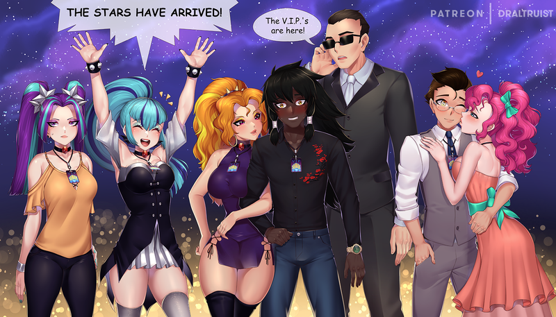 Size: 1920x1097 | Tagged: safe, artist:draltruist, derpibooru import, adagio dazzle, aria blaze, pinkie pie, sonata dusk, oc, oc:copper plume, oc:midnight radiance (sixpathspony), human, equestria girls, anime, blushing, bodyguard, breasts, busty adagio dazzle, busty aria blaze, busty dazzlings, busty pinkie pie, busty sonata dusk, canon x oc, choker, clothes, commission, copperpie, dress, eyes closed, female, gem, grin, hands in the air, holding arms, humanized, image, kiss on the cheek, kissing, male, nervous, nervous grin, one eye closed, open mouth, png, security guard, shipping, siren gem, smiling, straight, suit, the dazzlings
