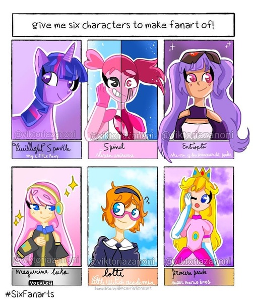 Size: 817x977 | Tagged: safe, artist:viktoriazanoni, derpibooru import, twilight sparkle, human, pony, unicorn, six fanarts, bust, clothes, crossover, crown, entrapta, female, glasses, gloves, goggles, headphones, image, jewelry, jpeg, little witch academia, long gloves, lotte jansson, mare, megurine luka, one eye closed, princess peach, regalia, she-ra and the princesses of power, smiling, spinel (steven universe), split screen, steven universe, super mario bros., unicorn twilight, vocaloid, wink