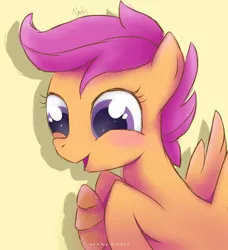 Size: 1024x1125 | Tagged: safe, artist:nnaly, derpibooru import, scootaloo, pegasus, pony, bread, breakfast, croissant, cute, cutealoo, female, filly, food, image, jpeg, misleading thumbnail, simple background, solo, yellow background