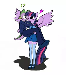 Size: 913x1024 | Tagged: safe, anonymous artist, derpibooru import, spike, twilight sparkle, twilight sparkle (alicorn), alicorn, anthro, dragon, pony, bridal carry, carrying, clothes, cute, derpibooru exclusive, female, heart, image, jpeg, male, mare, mary janes, nuzzling, older, older spike, sailor uniform, school uniform, shipping, shoes, simple background, skirt, straight, surprised, twispike, uniform, white background