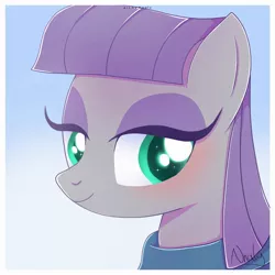 Size: 2000x2000 | Tagged: safe, artist:nnaly, derpibooru import, maud pie, earth pony, pony, blushing, bust, cute, eyelashes, female, gradient background, high res, image, jpeg, lidded eyes, mare, maudabetes, portrait, purple hair, smiling, solo, three quarter view, when she smiles