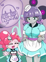 Size: 1668x2224 | Tagged: safe, artist:batipin, derpibooru import, maud pie, pinkie pie, equestria girls, abstract background, alternate hairstyle, alternate version in the description, apron, bow, breasts, busty maud pie, clothes, description is artwork too, dress, duo, female, hair bow, hat, image, jpeg, pictogram, server pinkie pie, siblings, sisters, waitress