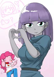 Size: 2894x4093 | Tagged: safe, artist:batipin, derpibooru import, maud pie, pinkie pie, equestria girls, blushing, breasts, busty maud pie, busty pinkie pie, camp everfree outfits, cute, diapinkes, duo, eyes closed, female, heart, heart hands, image, jpeg, looking at you, open mouth, pictogram, pie sisters, siblings, sisters, smiling, speech bubble, thumbs up, when she smiles