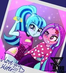 Size: 1600x1777 | Tagged: safe, artist:theretroart88, derpibooru import, aria blaze, sonata dusk, equestria girls, blushing, clothes, dress, food, image, jeans, kissy face, pants, png, sonataco, sweater, taco, that siren sure does love tacos, this will end in pain, tsundaria