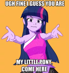 Size: 1957x2056 | Tagged: safe, artist:artiks, derpibooru import, twilight sparkle, equestria girls, caption, clothes, disgruntled, dress, female, image, image macro, impact font, looking at you, meme, my little pogchamp, orange background, png, ponified meme, rainbow rocks outfit, simple background, solo, text, tsundere, tsunlight sparkle, twilight is not amused, unamused