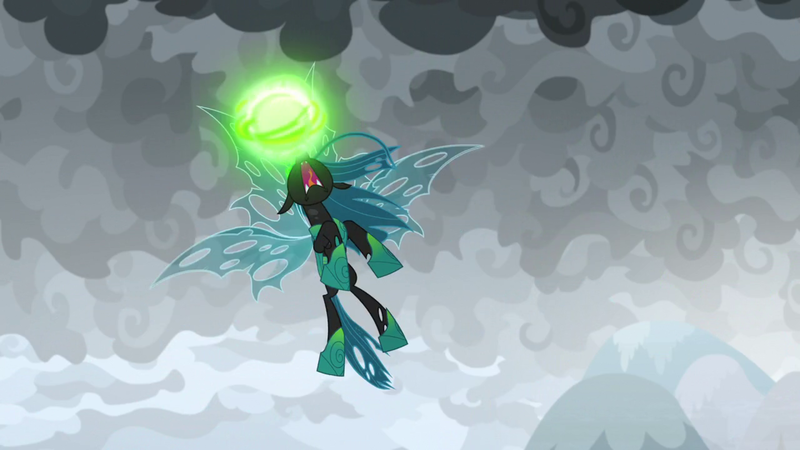 Size: 1920x1080 | Tagged: safe, derpibooru import, screencap, queen chrysalis, changeling, changeling queen, the ending of the end, angry, cloud, desperate, female, fight, flying, frown, furious, image, magic, nose in the air, png, satisfying frown, solo, ultimate chrysalis