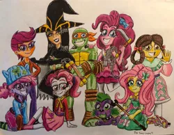 Size: 1024x796 | Tagged: safe, artist:bozzerkazooers, derpibooru import, clover (g1), fluttershy, pinkie pie, scootaloo, spike, sweetheart, yona, dog, equestria girls, hat, image, jpeg, michelangelo, shinigami, spike the dog, traditional art, witch hat