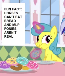 Size: 616x720 | Tagged: safe, derpibooru import, edit, edited screencap, screencap, lemon hearts, minuette, pony, unicorn, amending fences, aura, background pony, bread, captain obvious, crumbs, donut, donut shop, eating, female, food, herbivore, image, lies, magic, magic aura, mare, offscreen character, oh really, plate, png, puffy cheeks, scrunchy face, solo focus, sprinkles, telekinesis, text