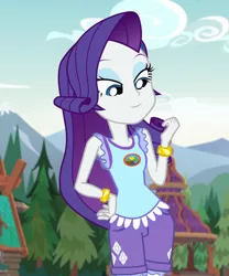 Size: 900x1080 | Tagged: safe, derpibooru import, edit, edited screencap, editor:mycarhasamoustache, screencap, rarity, equestria girls, legend of everfree, camp everfree outfits, clothes, cropped, cute, cutie mark, cutie mark on clothes, female, image, jewelry, lidded eyes, png, raribetes, smile edit, solo