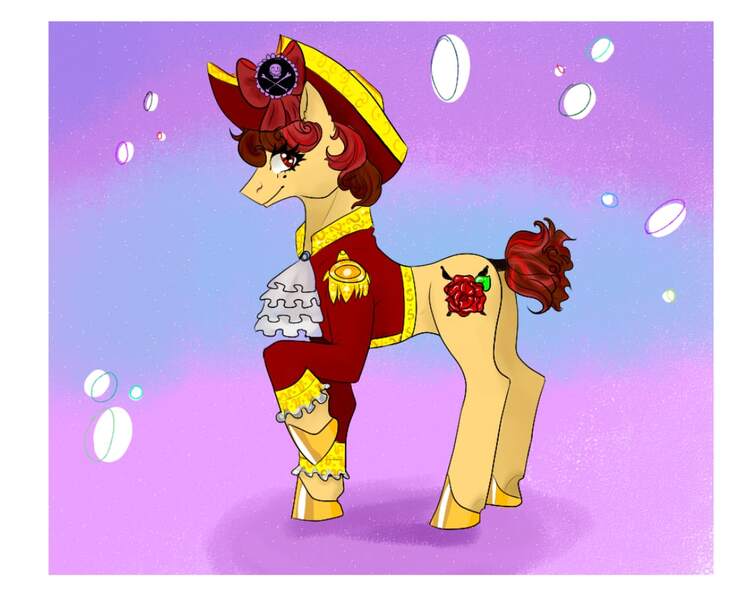 Size: 1080x859 | Tagged: safe, artist:tohor_durachok, derpibooru import, oc, unofficial characters only, earth pony, pony, abstract background, clothes, earth pony oc, eyelashes, flower, hat, hoof polish, image, jpeg, pirate hat, raised hoof, rose, smiling, solo, tail wrap