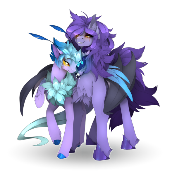 Size: 2827x2884 | Tagged: safe, artist:taiga-blackfield, derpibooru import, oc, oc:amelia, oc:empyrea, unofficial characters only, bat pony, pegasus, pony, bat pony oc, bat wings, duo, duo female, female, fluffy, hug, image, pegasus oc, png, simple background, transparent background, winghug, wings