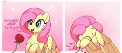 Size: 4451x1943 | Tagged: safe, artist:nookprint, derpibooru import, fluttershy, pegasus, pony, 2 panel comic, comic, cute, daaaaaaaaaaaw, dialogue, eating, eating flower, eyes closed, female, flower, heart, herbivore, horses doing horse things, image, mare, nom, offscreen character, open mouth, png, rose, shyabetes, smiling, solo, weapons-grade cute