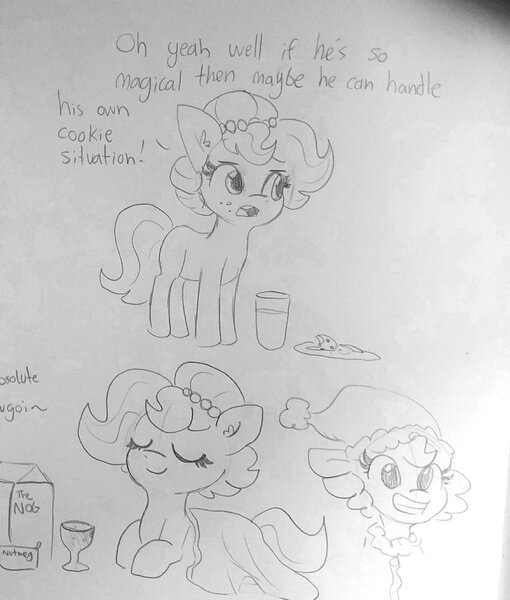 Size: 1440x1693 | Tagged: safe, artist:tjpones, derpibooru import, oc, oc:brownie bun, unofficial characters only, earth pony, pony, horse wife, blanket, christmas, cookie, crumbs, drink, eggnog, eyes closed, female, food, glass, glass of milk, grayscale, hat, holiday, image, jpeg, lying down, mare, milk, monochrome, pencil drawing, prone, santa hat, smiling, traditional art