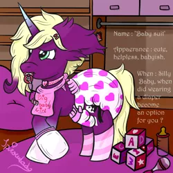 Size: 1000x1000 | Tagged: suggestive, alternate version, artist:spiroudada, derpibooru import, oc, oc:velvet sky, pony, adult foal, baby bottle, bib, clothes, collar, cubes, diaper, diaper fetish, fetish, image, jpeg, mittens, non-baby in diaper, pacifier, poofy diaper, rattle, socks, velvet wardrobe