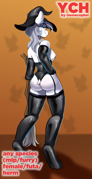 Size: 1444x2784 | Tagged: questionable, artist:meowcephei, derpibooru import, anthro, advertisement, breasts, clothes, commission, dock, evening gloves, gloves, halloween, hat, holiday, image, latex, latex gloves, latex socks, long gloves, nipples, nudity, png, sketch, socks, stockings, thigh highs, witch, witch costume, witch hat, your character here