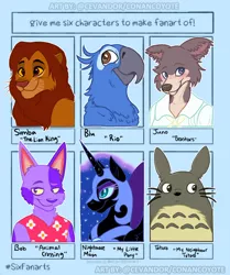 Size: 1800x2150 | Tagged: safe, artist:cevandor, derpibooru import, nightmare moon, alicorn, anthro, bird, cat, dog, parrot, pony, six fanarts, animal crossing, anthro with ponies, beastars, bust, clothes, crossover, ethereal mane, female, helmet, horn, image, jpeg, juno, mare, my neighbor totoro, peytral, rio, simba, smiling, starry mane, the lion king, totoro, wings
