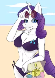 Size: 2480x3508 | Tagged: suggestive, artist:deskmaniac, derpibooru import, rarity, anthro, human, unicorn, beach, belly button, bikini, breasts, busty rarity, cleavage, clothes, cloud, digital art, female, humanized, image, looking at you, ocean, png, sky, smiling, smiling at you, solo, solo female, sunglasses, swimsuit, tail, thighs, wide hips