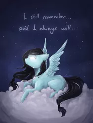 Size: 2122x2826 | Tagged: safe, artist:cvanilda, derpibooru import, oc, oc:sky secret, unofficial characters only, pegasus, pony, choker, cloud, crying, female, glowing eyes, image, jpeg, lying down, mare, night, on a cloud, pegasus oc, prone, solo, wings