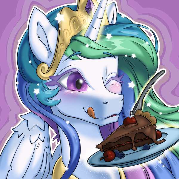 Size: 3000x3000 | Tagged: safe, artist:porcelanowyokular, derpibooru import, princess celestia, alicorn, pony, ;p, blueberry, blushing, bust, cake, cakelestia, cherry, chocolate cake, cute, cutelestia, female, food, high res, image, licking, licking lips, magic, mare, one eye closed, png, portrait, solo, stars, telekinesis, that pony sure does love cakes, tongue out