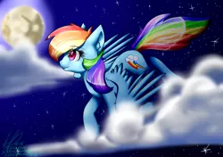 Size: 1700x1200 | Tagged: safe, artist:derpfacederpy, derpibooru import, rainbow dash, pegasus, pony, cloud, female, flying, image, jpeg, mare in the moon, moon, night, solo