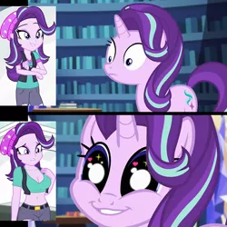 Size: 730x730 | Tagged: suggestive, derpibooru import, edit, edited screencap, editor:ah96, editor:tngjstn, screencap, starlight glimmer, pony, unicorn, equestria girls, mirror magic, spoiler:eqg specials, beanie, belly button, breast edit, breasts, busty starlight glimmer, caption, cleavage, clothes, comparison, cropped, cute, dilated pupils, faic, female, glimmerbetes, glimmie, grin, hat, heart eyes, image, image macro, implied selfcest, midriff, png, reaction, ripped pants, sexy, short shirt, smiling, solo, starry eyes, stupid sexy starlight glimmer, text, wingding eyes