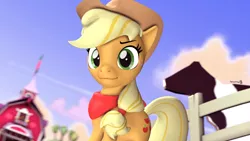 Size: 1920x1080 | Tagged: safe, artist:spinostud, derpibooru import, applejack, earth pony, pony, 3d, farm, hat, image, looking at you, png, solo, source filmmaker, sweet apple acres