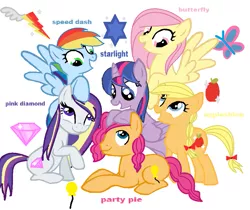 Size: 905x760 | Tagged: safe, artist:anitapera, derpibooru import, oc, oc:appleshine, oc:butterfly, oc:party pie, oc:pink diamond, oc:speed ​​dash, oc:starlight sparkle, unofficial characters only, alicorn, earth pony, pegasus, pony, unicorn, alicorn oc, horn, image, next generation, offspring, parent:applejack, parent:cheese sandwich, parent:flash sentry, parent:fluttershy, parent:pinkie pie, parent:rainbow dash, parent:rarity, parent:soarin', parent:trenderhoof, parent:twilight sparkle, parents:cheesepie, parents:flashlight, parents:soarindash, parents:trenderity, png, wings