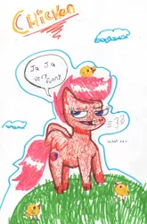 Size: 937x1420 | Tagged: safe, artist:mexicangirl12, derpibooru import, scootaloo, bird, chicken, pegasus, pony, cloud, cutie mark, female, filly, grass, image, inktober, inktober 2018, jpeg, outdoors, scootachicken, the cmc's cutie marks, traditional art, wings