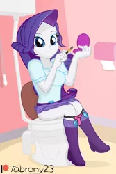 Size: 1328x1987 | Tagged: suggestive, artist:tabrony23, derpibooru import, rarity, equestria girls, bathroom, boots, breasts, but why, clothes, commission, female, image, panties, panties around legs, patreon, patreon logo, png, potty, raised skirt, shoes, sitting on toilet, solo, solo female, toilet, underwear