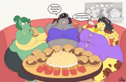 Size: 5100x3300 | Tagged: suggestive, artist:nekocrispy, derpibooru import, oc, oc:abilene, oc:magna-save, oc:reia hope, unofficial characters only, anthro, cow, cow pony, earth pony, pegasus, pony, unicorn, series:fat burger, ass, bbw, bell, belly, big belly, big breasts, breasts, burger, butt, chicken meat, chicken nugget, clothes, cowbell, dialogue, dress, eating, fast food, fat, female, food, french fries, high res, huge belly, huge breasts, huge butt, image, impossibly large breasts, kitchen, large butt, mare, meat, morbidly obese, obese, pants, pegamoo, png, sweatpants, thighs, thunder thighs, tongue out, top, trio, trio female, weight gain, weight gain sequence, wings