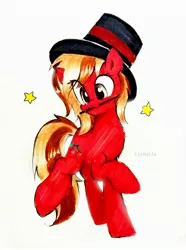 Size: 2322x3126 | Tagged: safe, artist:liaaqila, derpibooru import, oc, oc:cherry spirit, unofficial characters only, earth pony, pony, commission, cute, cutie mark, derpibooru exclusive, female, hat, image, jpeg, magician, mare, mouth hold, raised hoof, signature, simple background, solo, stars, tophat, traditional art, wand, white background