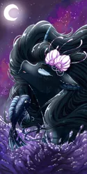 Size: 1000x2000 | Tagged: safe, artist:kira-kyovii, derpibooru import, oc, unofficial characters only, fish, seapony (g4), black mane, blue eyes, commission, female, flower, flower in hair, flowing mane, image, looking up, moon, moonlight, night, ocean, open mouth, png, sky, smiling, solo, stars, water, watermark