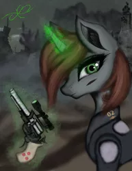 Size: 1280x1657 | Tagged: safe, artist:crescent-feather, derpibooru import, oc, oc:littlepip, unofficial characters only, pony, unicorn, fallout equestria, fanfic, armor, clothes, fanfic art, female, glowing horn, gun, handgun, horn, image, jpeg, levitation, little macintosh, magic, mare, optical sight, revolver, ruins, scope, solo, telekinesis, vault suit, wasteland, weapon