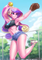Size: 874x1250 | Tagged: safe, artist:racoonsan, color edit, derpibooru import, edit, editor:drakeyc, princess cadance, human, equestria girls, alternate hairstyle, anime, armpits, baseball glove, belly button, blushing, breasts, busty princess cadance, clothes, colored, daisy dukes, denim shorts, equestria girls edit, female, fence, image, legs, midriff, multicolored hair, nail polish, no socks, one leg raised, open mouth, png, shoes, shorts, skin color edit, sneakers, softball, sports, sports bra, sweat, sweatdrop, tennis, tennis ball, thighs, tree