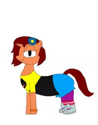 Size: 2048x2608 | Tagged: safe, artist:blazewing, derpibooru import, oc, oc:tough cookie, unofficial characters only, pony, unicorn, chubby, clothes, costume, female, flower, flower in hair, glitch techs, halloween, halloween costume, holiday, image, looking at you, mare, miko kubota, nightmare night, nightmare night costume, plump, png, shirt, shoes, simple background, skirt, smiling, socks, solo, tights, white background