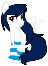 Size: 728x986 | Tagged: safe, artist:sassysvczka, derpibooru import, oc, oc:sassysvczka, unofficial characters only, pegasus, pony, clothes, cute, female, gimp, image, long hair, mare, missing cutie mark, pegasus oc, png, raised wings, simple background, sitting, smiling, smirk, socks, solo, stockings, striped socks, thigh highs, wings