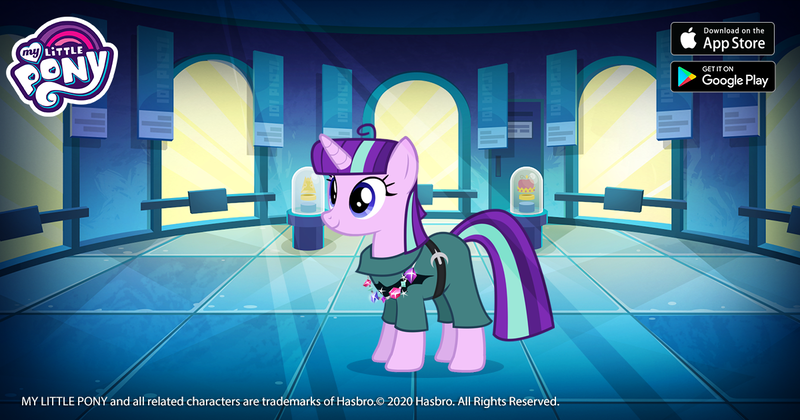 Size: 1200x630 | Tagged: safe, derpibooru import, official, starlight glimmer, pony, unicorn, alternate hairstyle, bracelet, female, gameloft, image, implied maud pie, jewelry, mare, my little pony logo, png, solo