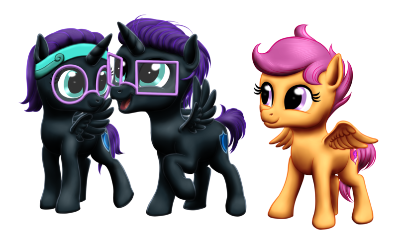 Size: 2575x1591 | Tagged: safe, artist:vasillium, derpibooru import, scootaloo, oc, oc:nox (rule 63), oc:nyx, alicorn, pegasus, pony, accessories, adorable face, adorkable, alicorn oc, brother, brother and sister, colt, cute, cutealoo, cutie mark, diabetes, dork, eyelashes, eyes open, family, female, filly, glasses, happy, headband, heartwarming, horn, image, looking, looking at each other, male, nostrils, nyxabetes, open mouth, png, prince, princess, r63 paradox, royalty, rule 63, rule63betes, self paradox, self ponidox, shield, siblings, simple background, sister, smiling, spread wings, sweet, transparent background, twins, wall of tags, wings