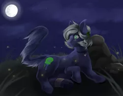 Size: 2642x2068 | Tagged: safe, artist:melpone, derpibooru import, oc, oc:lilith (dollpone), earth pony, pony, female, image, lying down, mare, moon, night, png, prone, solo