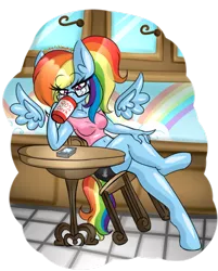 Size: 1280x1595 | Tagged: safe, artist:ladylullabystar, derpibooru import, rainbow dash, anthro, pegasus, unguligrade anthro, clothes, egghead dash, floating wings, image, mobile phone, phone, png, sexy, shirt, shorts, solo, stupid sexy rainbow dash, wings