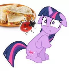 Size: 860x893 | Tagged: safe, artist:davidsfire, derpibooru import, edit, vector edit, twilight sparkle, insect, ladybug, pony, unicorn, the cutie map, bread, coccinellidaephobia, female, food, horn, image, mare, png, quesadilla, raised hoof, scared, shut up twilight, sitting, surprised, they're just so cheesy, turophobia, twilight hates ladybugs, unicorn twilight, vector, wingless, wingless edit