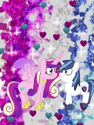 Size: 1080x1440 | Tagged: safe, artist:crossovercartoons, derpibooru import, princess cadance, shining armor, alicorn, pony, unicorn, clothes, colored wings, colt, couple, cute, digital art, digital artwork, digital drawing, drawing, duo, female, glitter background, gradient wings, heart, image, looking at each other, male, mare, png, shining and candance day, shiningcadance, shipping, shoes, sparkles, straight, unshorn fetlocks, wings
